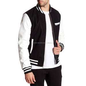Chaqueta universitaria de ajuste personalizado HIVJ07 al por mayor, cuello levantado de alta calidad, bordado, cuerpo negro, Mangas de cuero blanco para invierno - Product Image 1