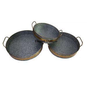 Plateau de service rond galvanisé écologique lot de trois plats de service faits à la main vente en gros de plateau de service galvanisé vintage - Product Image 1