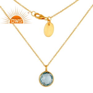 Blue Topaz Bezel Set Pendant Suppliers 18k Gold Plated 925 Silver Chain Round Shape Pendant Necklace Jewelry - Product Image 1