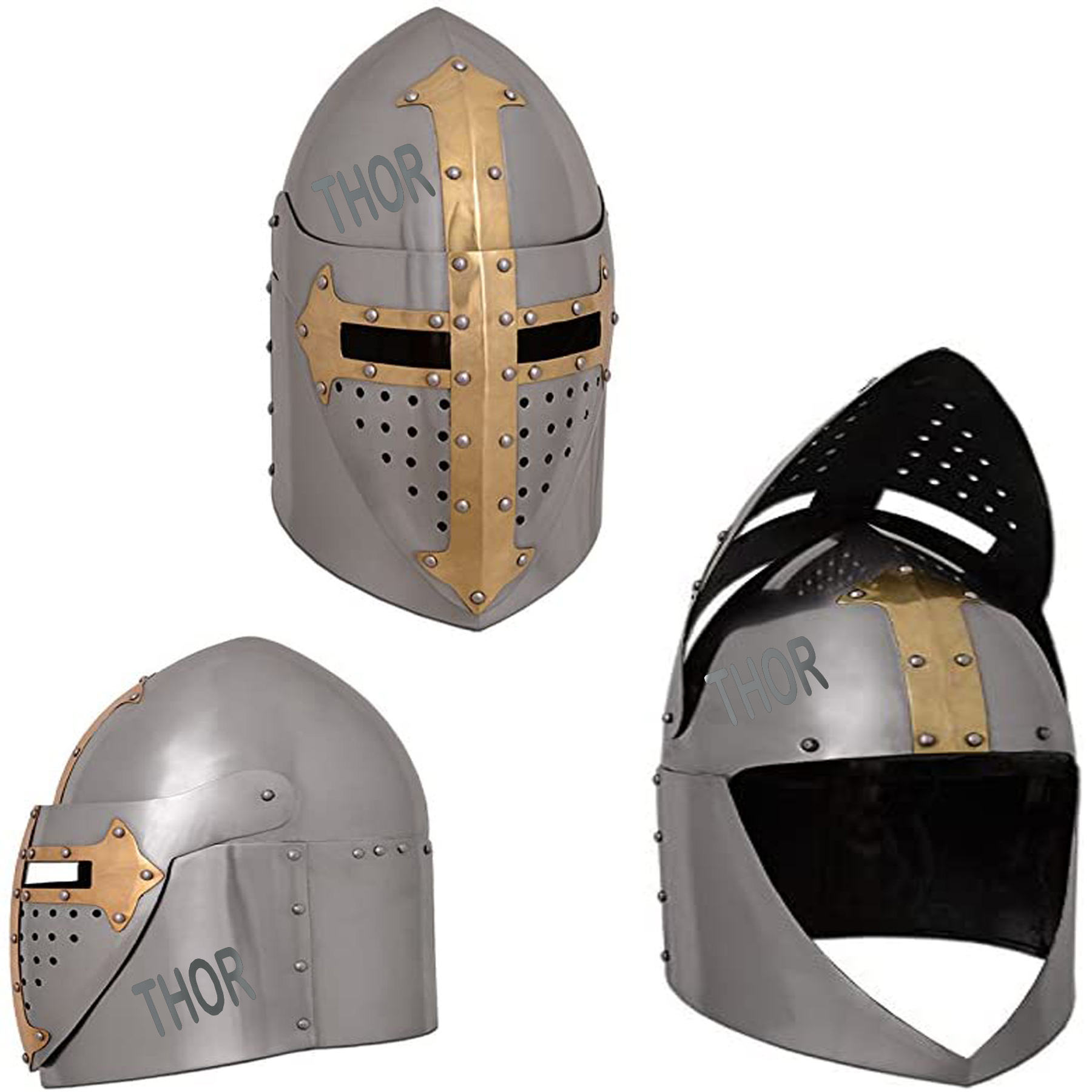 Casco Medievale Crociato In Acciaio E Ottone - Taglia Adulti Unisex, Per Rievocazioni E Decorazione