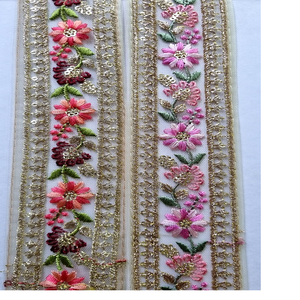 Custom Made Hand Embroidered Multi Colouired Floral with Gold Border <b>Laces</b> in Assorted Sizes and Colors for Wedding Dress Desi - Product Image 6