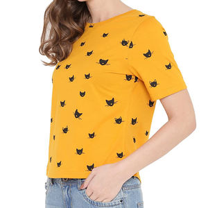 Imprimé personnalisé OEM couleur jaune 100% pur coton 180Gsm à manches courtes femmes t-shirt dames vêtements d'été haut imprimé - Product Image 3