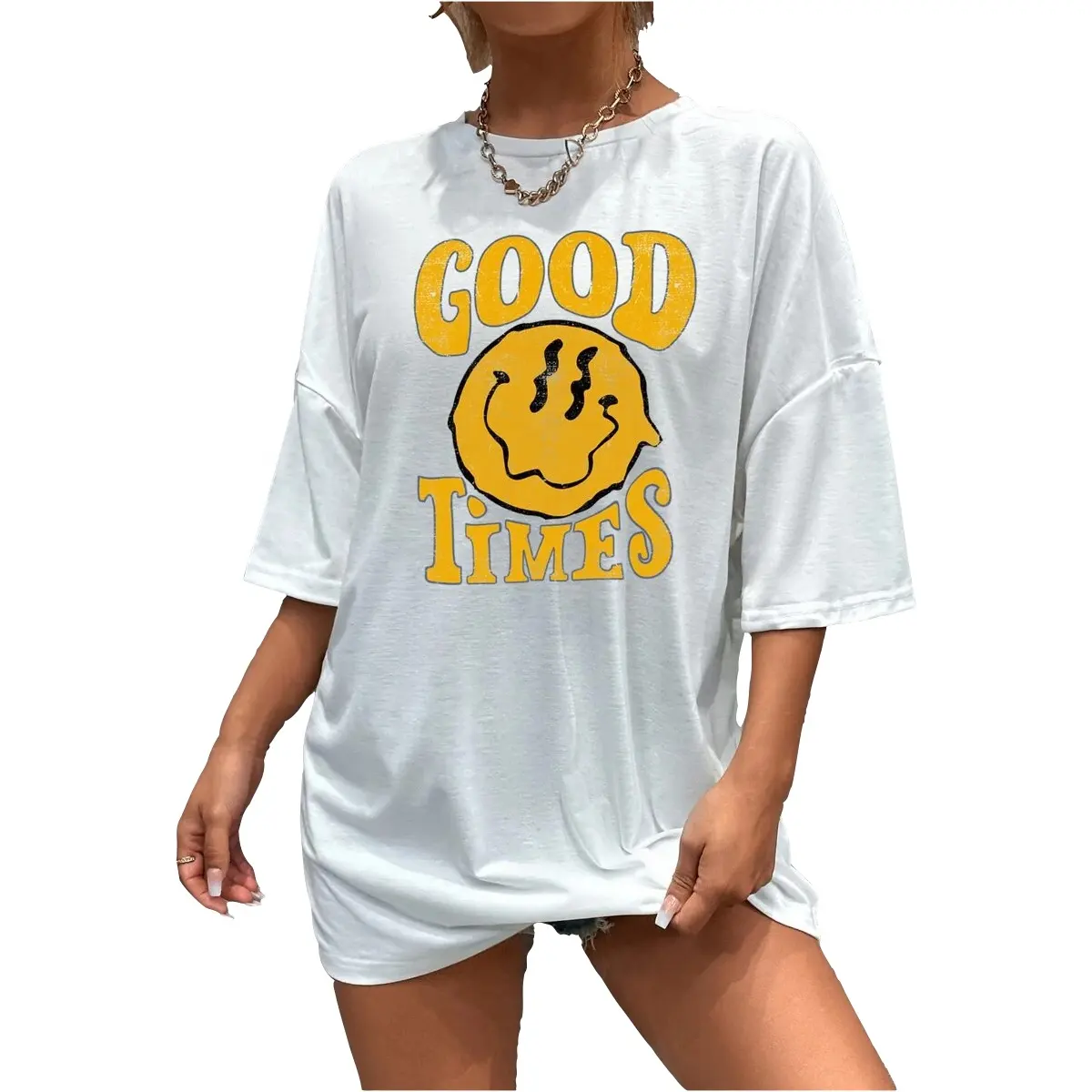 Camisetas personalizadas de algodón para mujer, ropa de cuello redondo de gran tamaño, con estampado de gran tamaño y hombros al descubierto, color blanco