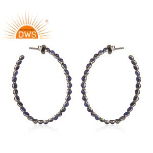 Trendy Ladies Fashion Hoop Earring Jewelry Wholesale Lapis Gemstone Black Rhodium Plated Sterling Silver Earring - Product Image 2