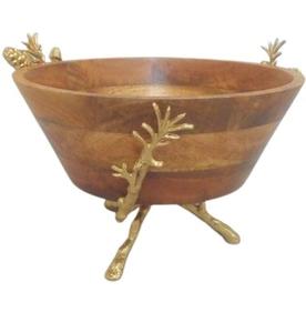 Bol en bois avec poignée en métal doré bol de service de décoration intérieure de haute qualité pour table à manger bol à salade de bonbons de qualité alimentaire - Product Image 1