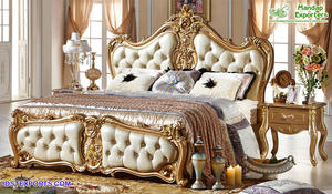 Lit King Size de style arabe impérial en bois de teck, finition dorée de luxe, sculpté à la main, léger, tabourets de chevet plaqués or royal, pas cher - Product Image 5