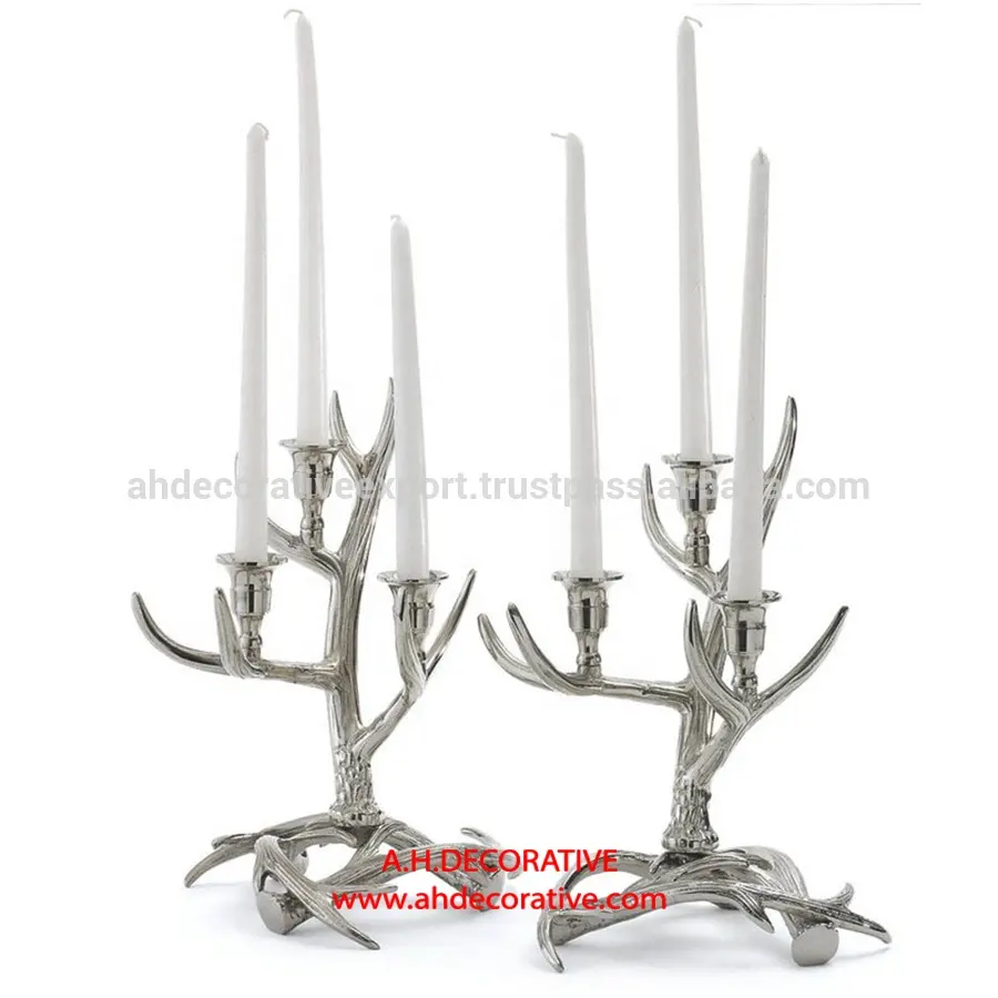 Metal Tree Branch Candle Stand Set of 2 Silver plated luxury candle Stand with 3 Arms Shiny Tableware Handmade Candle holder