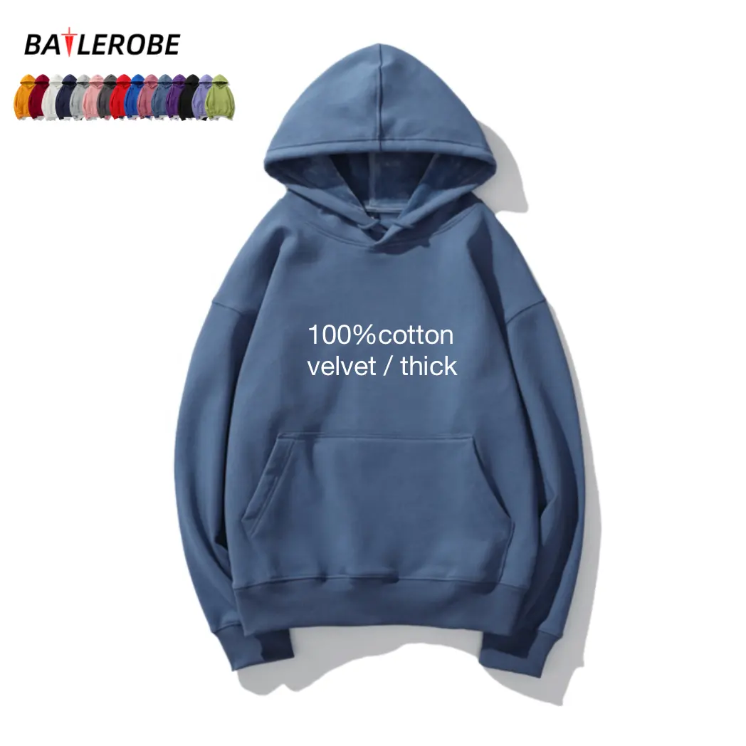 BATTLEROBE Wholesales Blank Oversized Hoodies Sweatshirts 100%cotton thick Casual plain Black White Unisex Men Streetwear Hoodie