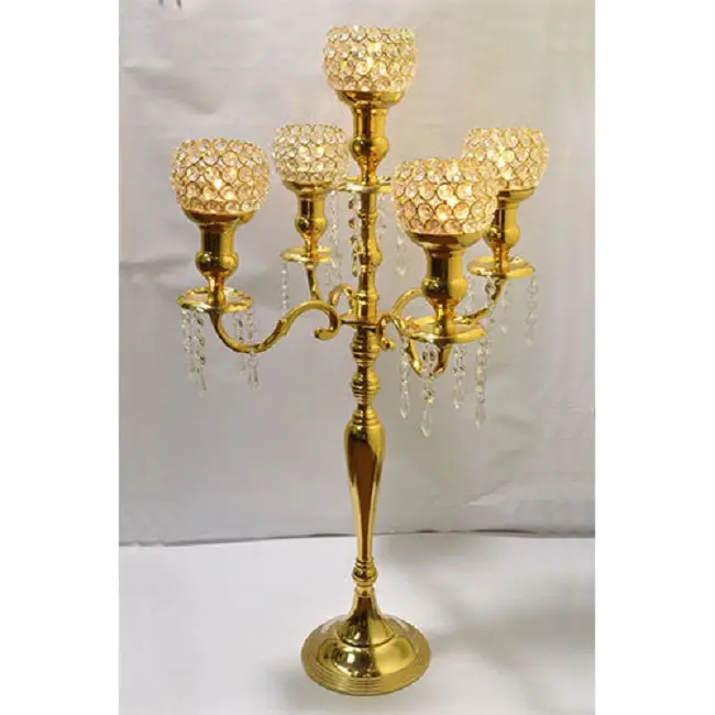 wholesale luxury golden long stem 5 crystal candle holder table centrepiece for wedding from India