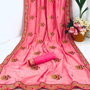 Réception porter Vichitra soie tissu broderie travail Saree avec chemisier pièce femmes indiennes porter pas cher bas prix en gros Surat ApparelGarment - Product Image 1