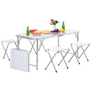 Outdoor Picnic Camping BBQ Garden Dining Beach Backyard Adjustable Aluminum 3 Gear Folding Portable Table with 4 Stools