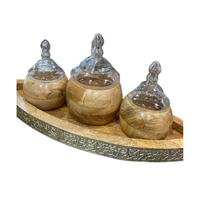 Juego de Tres Tazones de Madera para Servir Frutos Secos y Dulces con Bandeja Ovalada y Tapa de Vidrio, Tamaño Personalizado - Product Image 2