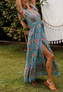 Verano de las mujeres Vintage Boho Maxi vestidos de cuello en V manga corta de fiesta de playa con estampado Floral de una línea vestido de verano - Product Image 2