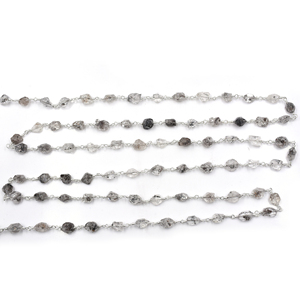 Chaîne de chapelet en quartz diamant Herkimer brut, 7x5–8x7mm, avec fil en laiton plaqué rhodium, chaîne de cristaux enroulée, vendue au mètre - Product Image 4