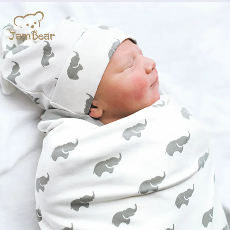 Decke für Baby mit verstellbarem Wickel jersey Baumwoll wickel Bio-Baumwolle bedrucktes Bio-Jersey Baby Wickel decke Hut Set