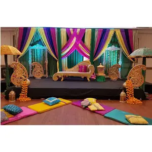 Decoração de Casamento Punjabi Mayian & Mehndi Colorido Mehndi Sangeet Configuração Fase Bela Decoração Estágio Mehndi com Paisleys