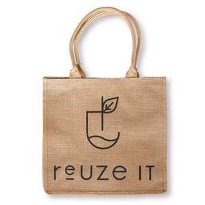 Bolsa de transporte de comestibles de malla de yute impresa personalizada, bolsa de compras de yute ecológica con mango largo y suave para promoción - Product Image 3