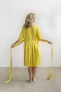 Robe en lin jaune à col rond et manches mi-longues, longueur genou, nouvelle collection 2026, design tendance et sexy, pour femme élégante. - Product Image 5