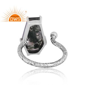 Handmade Designer Oxidized <b>Sterling</b> <b>Silver</b> Natural Moss Agate Gemstone Coffin Design <b>Adjustable</b> <b>Ring</b> Manufacturer - Product Image 4