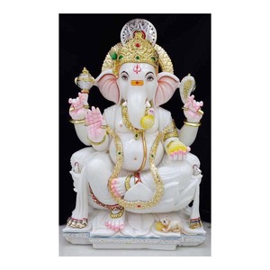 Sculpture de Lotus en marbre blanc, seigneur Ganesha, siège en céramique - Product Image 1