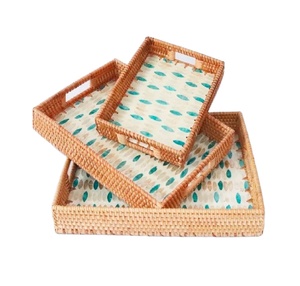 Juego de 3 bandejas de ratán marrón con forma de rectángulo para servir dulces, diseño Simple, bandeja tejida de alta calidad para servir alimentos para vajilla - Product Image 1