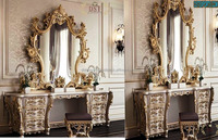 Table console moderne antique en teck massif avec miroir de console doré en bois sculpté à la main richement décoré