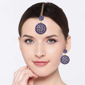 Indian Maang Tikka Pendientes Set Chapado en oro Bollywood Crystal Rhinestone Head Chain Dangle Jhumka Jewelry para bodas - Product Image 4