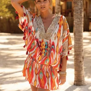 Mais Fabuloso Lantejoulas Embelezado Estilo Kaftan Poncho Com Bastante Colorido Frente Bordado Cintura Elástica Ruffle Guarnição Mangas