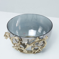 Bol à vaisselle en verre et en métal, de luxe, avec base en agate décorative et en marbre, pour cadeau de mariage, bol doré