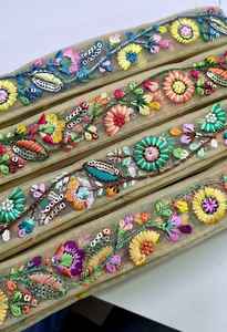 Custom Made Hand Embroidered Multi Colouired Floral with Gold Border <b>Laces</b> in Assorted Sizes and Colors for Wedding Dress Desi - Product Image 4