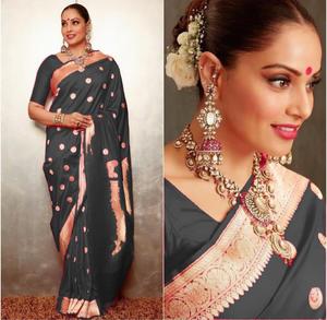 Zeer Trending Look Party Wear Banarasi Zijde Saree Bedrukt Ontwerp Met Banarsi Zijden Blouse Stuk Indiaanse Vrouwen Dragen Sari Groothandel Etnische - Product Image 3