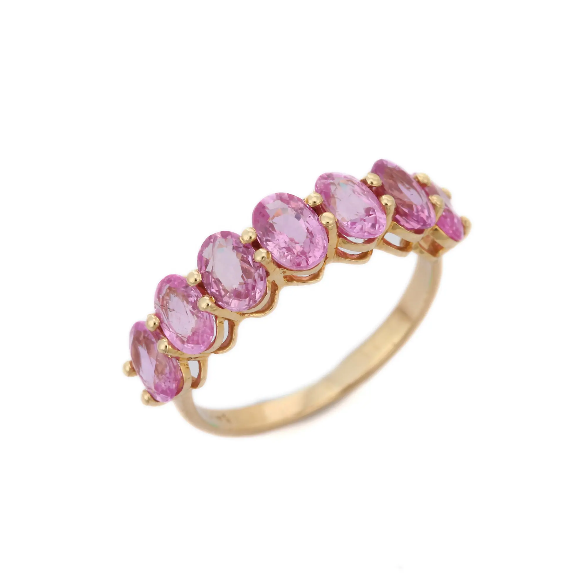 Gioielli di lusso naturale prezioso ovale rosa zaffiro anello Semi fascia 14K oro giallo massiccio anelli mezza eternità per le donne ragazze