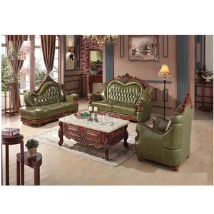 欧洲皮革簇绒切斯特菲尔德沙发套装高级柚木手工雕刻客厅家具仿古棕色饰面沙发