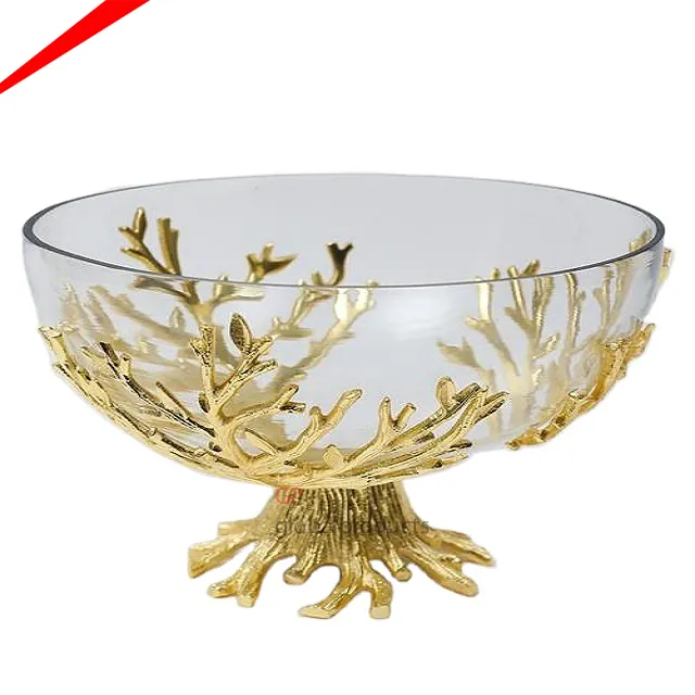 Tigela de metal e vidro de alta qualidade, fantasia, trabalho em forma redonda, tigela de servir com suporte de metal dourado para decoração de casamento