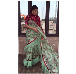 Saree Saris algodón seda moderna fiesta desgaste boda indio paquistaní mujeres adultos lavable limpieza en seco India Pakistán - Product Image 1