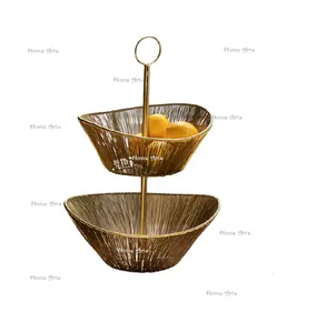 Cesta de frutas artesanal de 2 camadas Desenhista de ferro malha fio cor dourada cesta de armazenamento de legumes e frutas