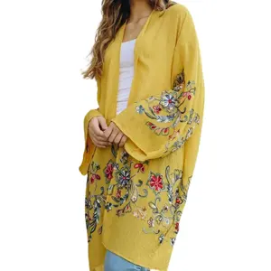 Yellow Embroidery Dress Handwork Long Sleeve Shawl Cotton Kimono Robe-Beach Wear