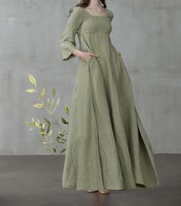 2026 New Arrival Fashionable Trending Latest Khaki Color U-neck Floor Length Formal Solid Long Sleeve Women <b>Linen</b> <b>Dress</b> - Product Image 1