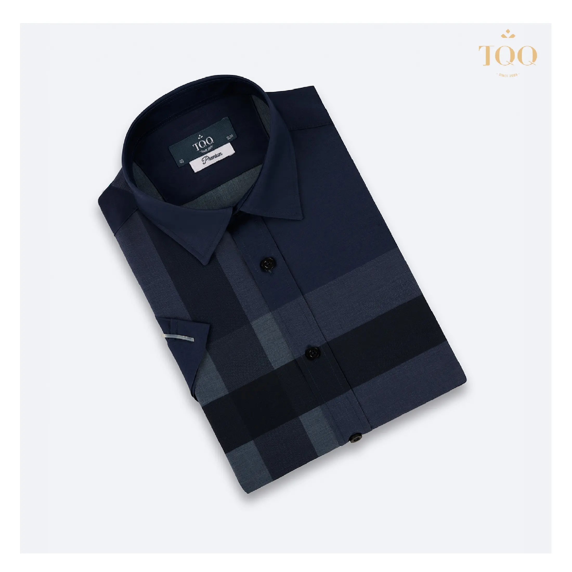 Anti-wrinkle Polyester shirts for men printed Short Sleeve Checked Print Dress Shirt in Navy from Vietnam Viscose - Vacation