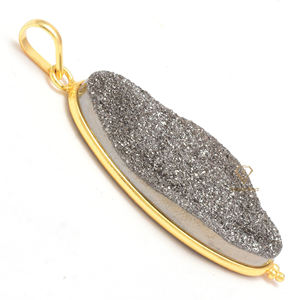 Pendentif en pierre précieuse druse grise, joli bijou ovale en titane, plaqué or, argent, vente en gros, - Product Image 3