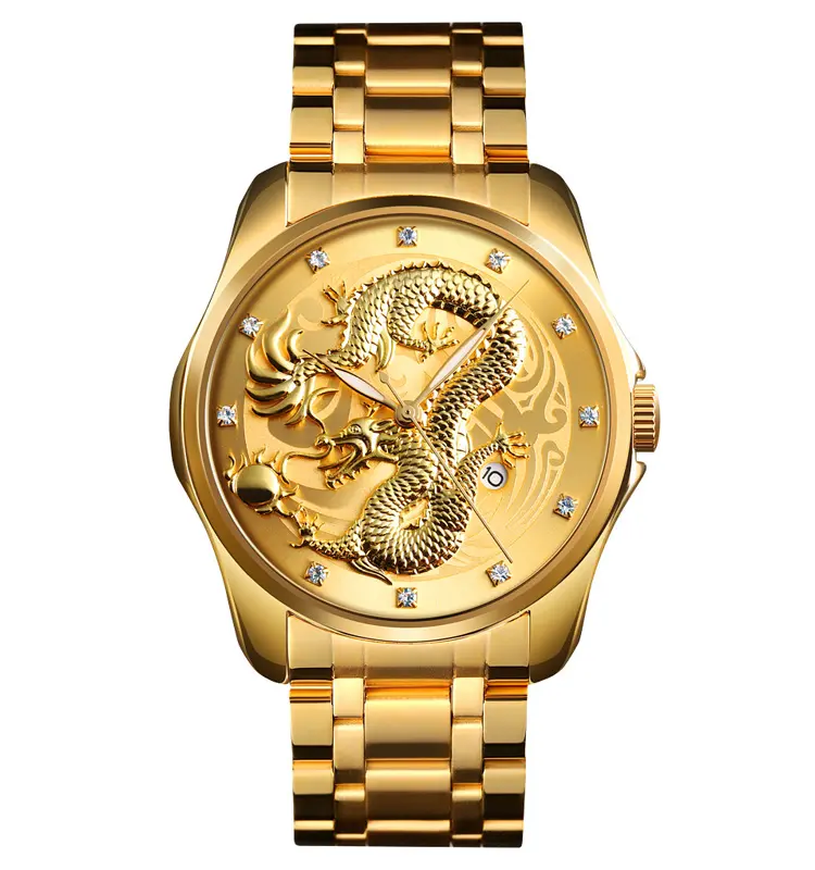 SKMEI Fábrica Chinesa Projeto Do Dragão de Ouro Dial japão movimento de quartzo relógio de ouro de aço inoxidável relógios de pulso homens