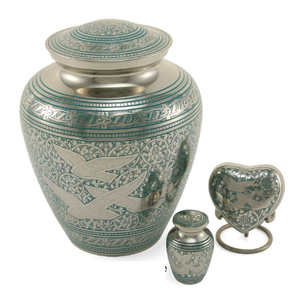 Urne funéraire en laiton gravée avec des oiseaux volants verts pour les cendres humaines d'un adulte, urne commémorative en métal, récipient décoratif - Product Image 2