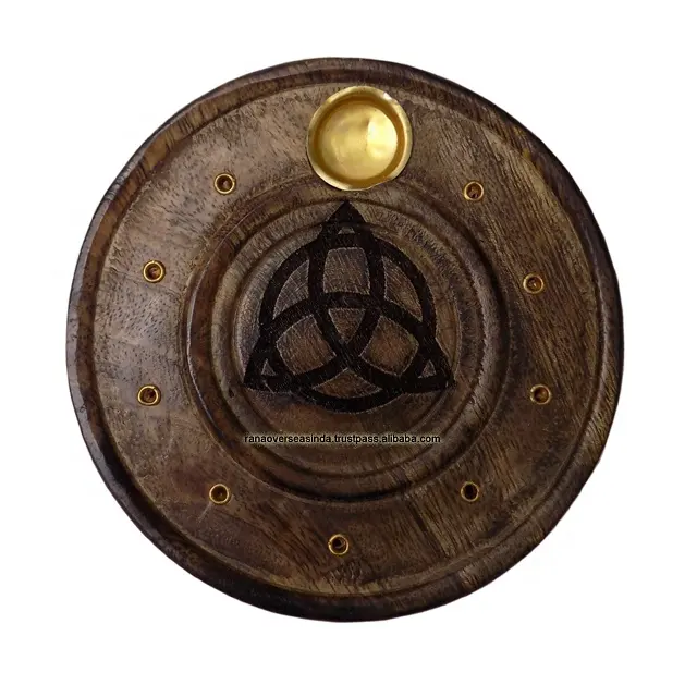 Triquetra queimador de incenso em madeira, queimador de incenso em forma circular, suporte para vara e cone