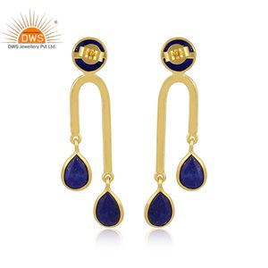 Hot Setting 925 Sterling Silver Long Drop Boucle d'oreille Plaqué Or Lapis Gemstone Boucle d'oreille Fournisseur - Product Image 4