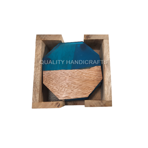 Ensemble de 4 sous-verres classiques de haute qualité en bois de manguier avec support en bois Tapis/tampon en résine époxy Artisanat - Product Image 2