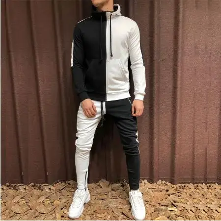 2021 New Casual Men Tracksuit Hoodie Set Two Pieces Autumn Winter Men's Sports Suit Half Black Half White Pant