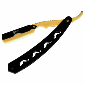 Maquinilla de afeitar de una sola hoja de calidad superior dorada con mango negro con patrón de bigote - Product Image 1