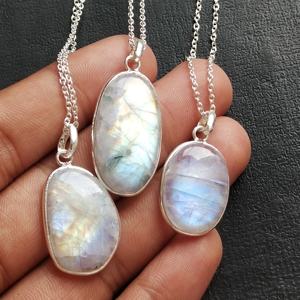 Collier avec pierre de lune en cristal blanc, petit pendentif en pierre de lune, bijoux fins, argent, bague ajustable, stylo - Product Image 1