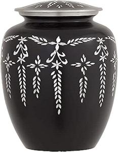 Urne décorative en métal de couleur noire avec finition gravée et découpe de diamant pour adulte - Product Image 1