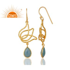 Pendientes de piedras preciosas de Calcedonia azul, joyería de plata de Jaipur con forma de flor de loto, aretes chapados en oro y plata 925, venta al por mayor - Product Image 3